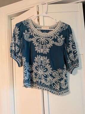 Solitaire Teal-Blue Embroidered Puff-Sleeve Blouse